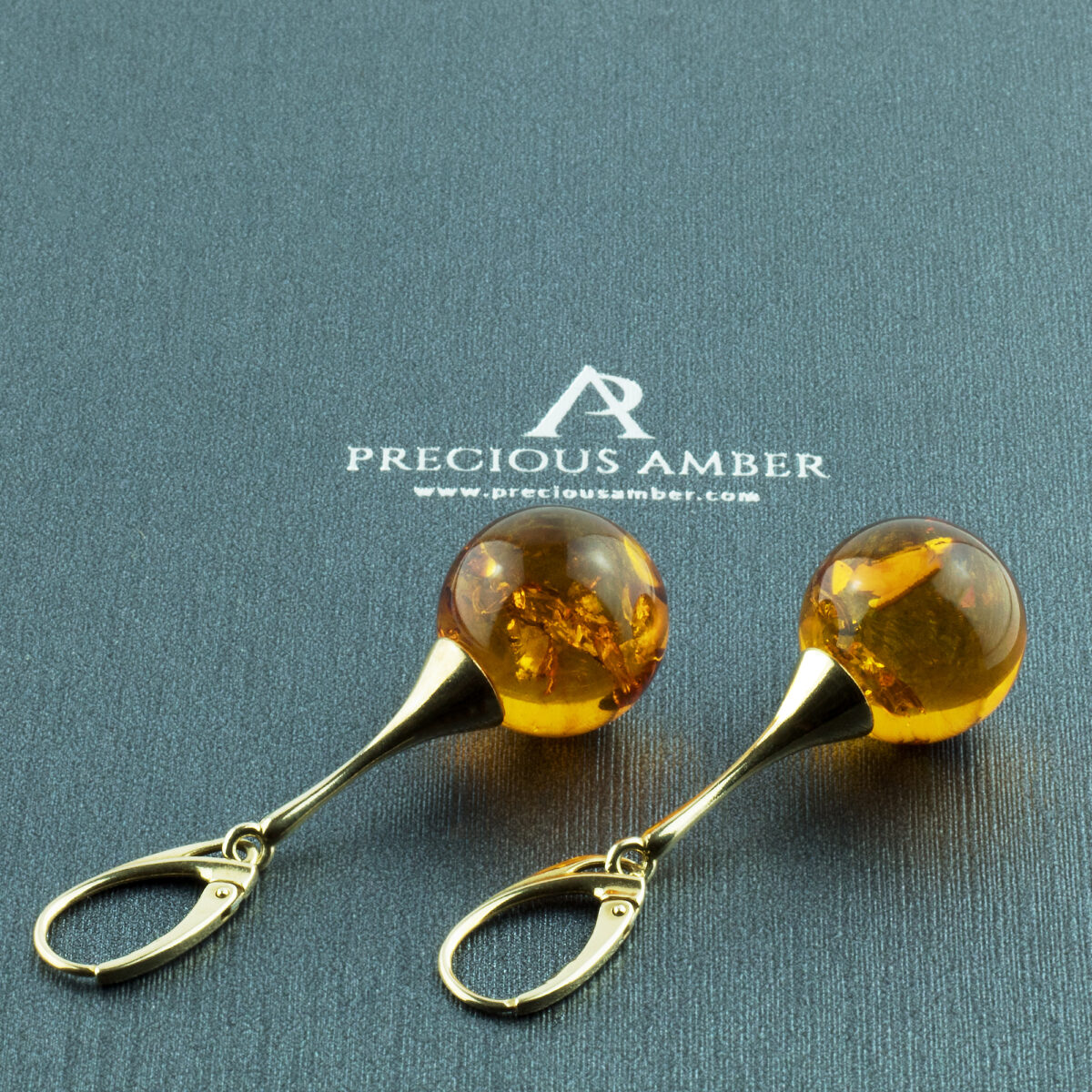 Round-Cognac-Baltic-Amber-Beads-Large-Ball-Sphere-Ball-Gemstone-Gold-Long-Dangle-Earrings-for-Women-Lever-Back Amber Gold Sphere 16mm - Image 1