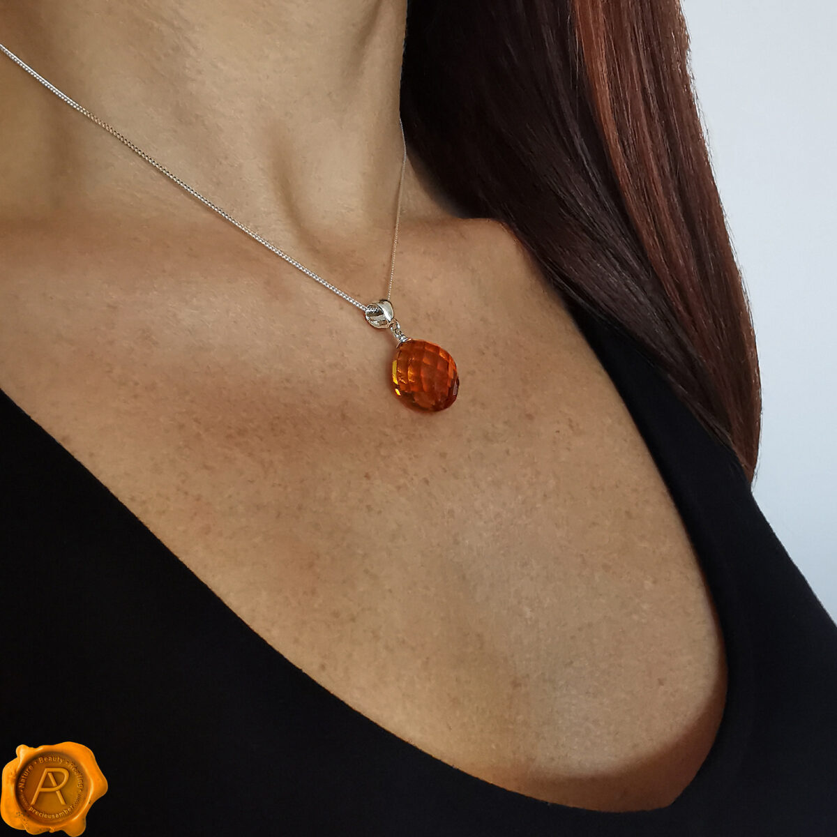 Faceted-Cognac-Baltic-Amber-Jewllery-Ireland-Silver-Gemstone-Pendant Faceted Amber Olive - Image 2