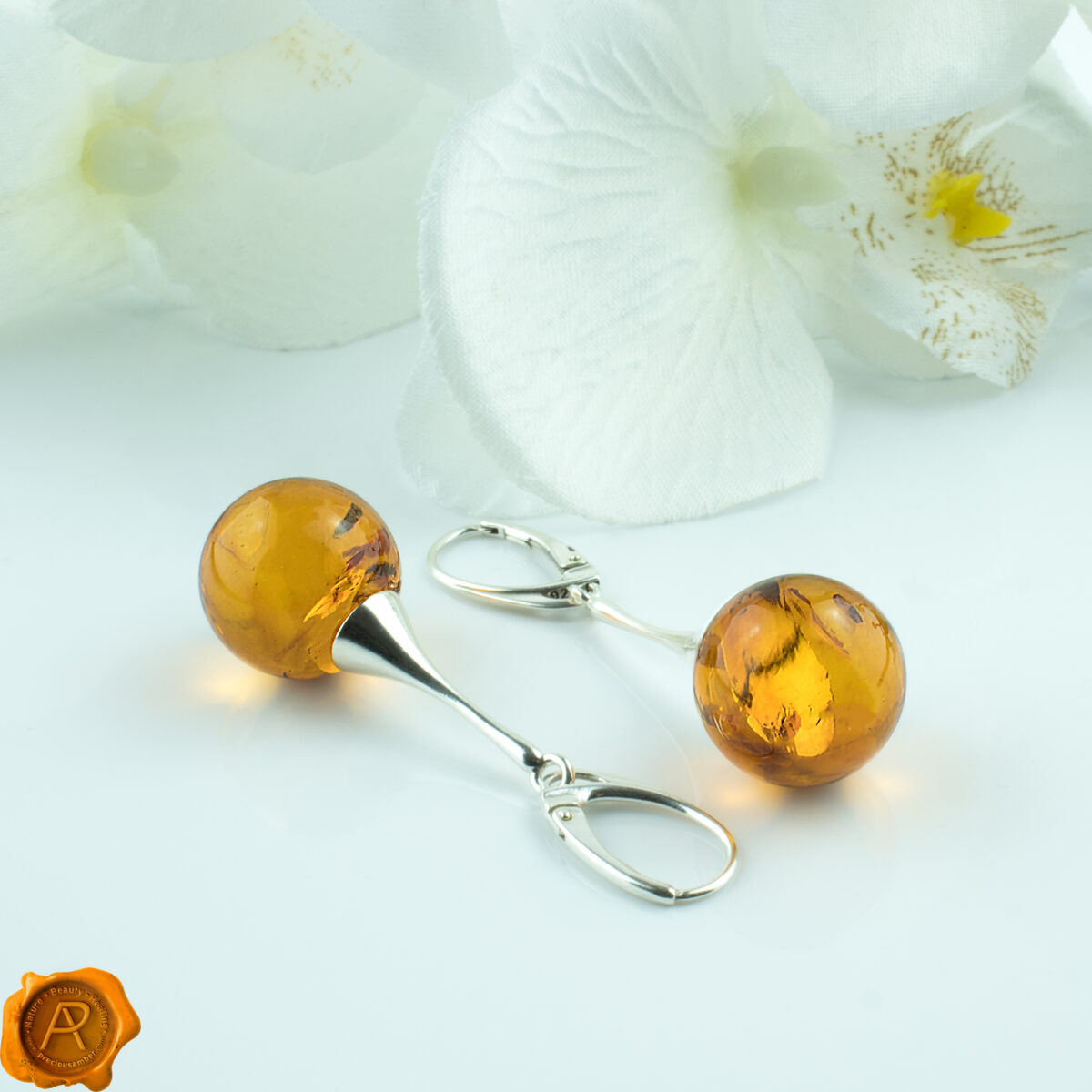 Large-Beads-16mm-Round-Cognac-Baltic-Amber-Silver-Long-Dangle-Earrings-Lever-Back Amber Silver Sphere 16mm - Image 2