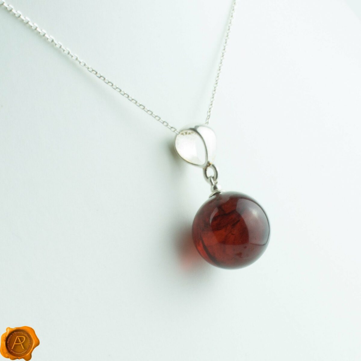 Black Cherry Ball Baltic Amber Round Silver Pendant Necklace | Red Round Cherry Amber Bead | Cherry Baltic Amber Jewellery Gemstone Pendant Cherry Amber Sphere 14mm - Image 3