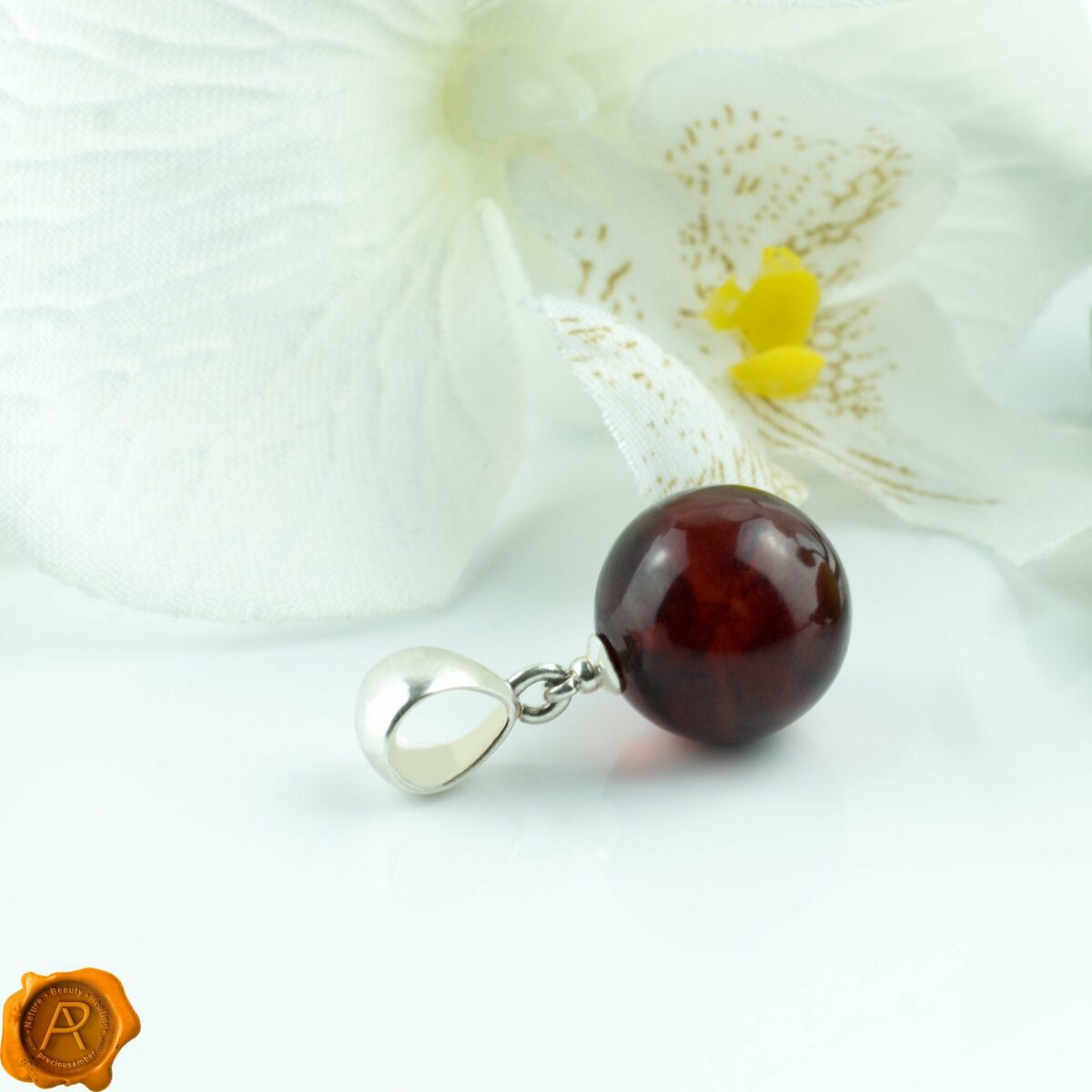 Black Cherry Ball Baltic Amber Round Silver Pendant Necklace | Red Round Cherry Amber Bead | Cherry Baltic Amber Jewellery Gemstone Pendant Cherry Amber Sphere 14mm - Image 1