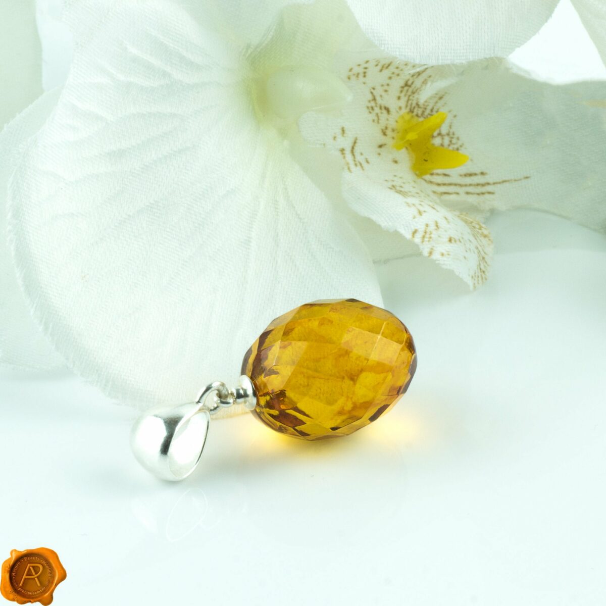 Dazzling Large Olive Cognac Baltic Amber Pendant | Faceted Large Amber Beads Pendant Necklace | Luxury Gemstone Oval Bead Pendant Faceted Amber Olive - Image 1