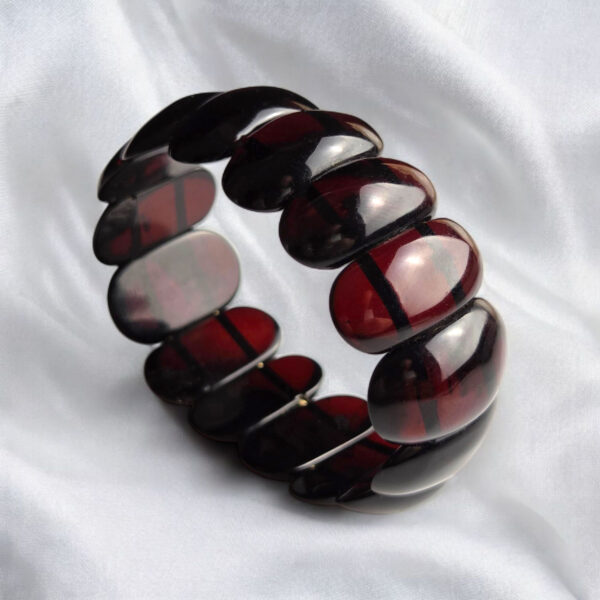 Burgundy Cherry Baltic Amber Bangle Bracelet Women, Natural Large Real Red Amber Gemstone Crystal Elastic Eco Wide Cuff Chunky Bracelets