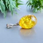 Natural Dainty Lemon Baltic Amber Olive Silver Teardrop Drop Pendant Necklace Gift Women, Small Real Amber Gemstone Charm