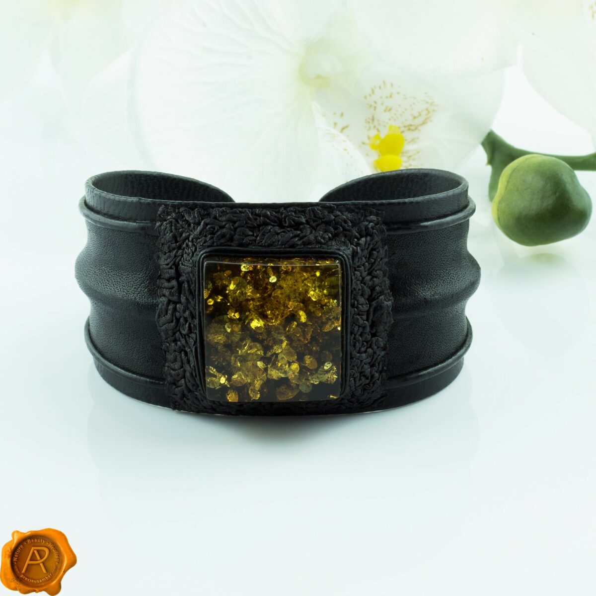 Rare Green Large Baltic Amber Leather Bracelet Green Amber Leather Bracelet - Image 1