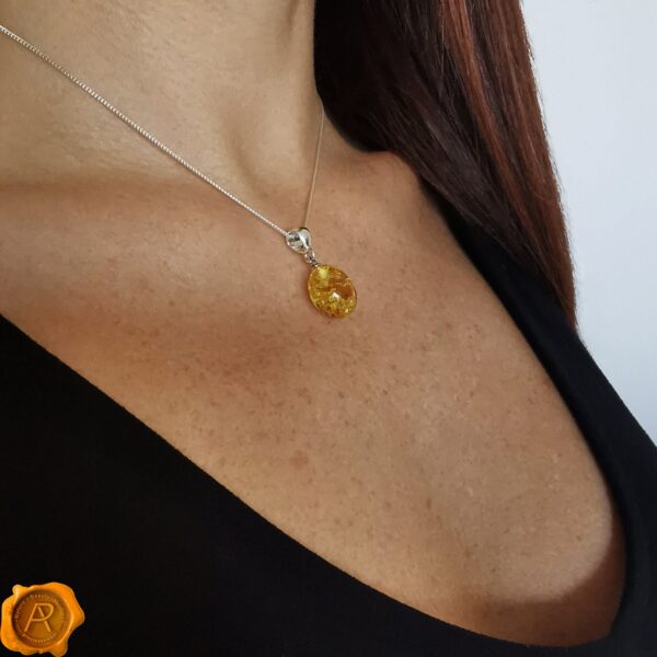 Natural Dainty Lemon Baltic Amber Olive Silver Teardrop Drop Pendant Necklace Gift Women, Small Real Amber Gemstone Charm