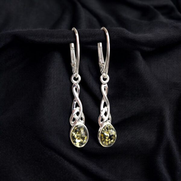 Celtic Knot Silver Earrings Green Baltic Amber | Irish Jewellery Gift Women, Gemstone Sterling Silver Dangle Long Teardrop Earrings,