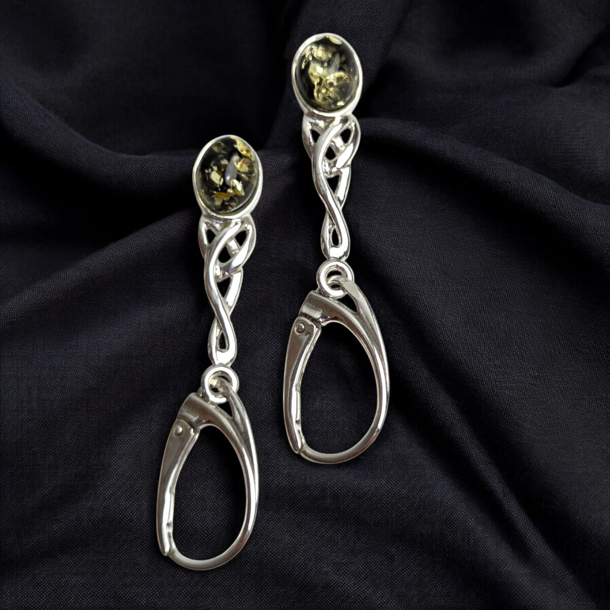 Celtic-Knot-Green-Baltic-Amber-Gemstone-Earrings-Sterling-Silver-Lever-Back-Long-Earring-Irish-Jewellery-Gift-Women Celtic Green Amber Earrings - Image 2