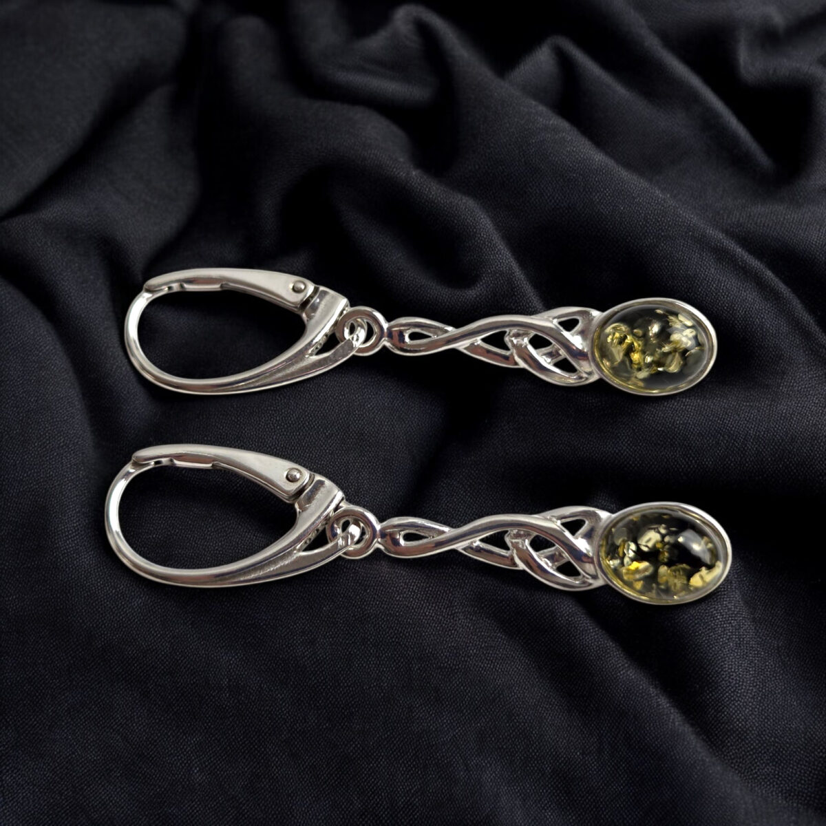 Celtic-Knot-Green-Baltic-Amber-Gemstone-Earrings-Sterling-Silver-Lever-Back-Long-Earring-Irish-Jewelry-Gift Celtic Green Amber Earrings - Image 3