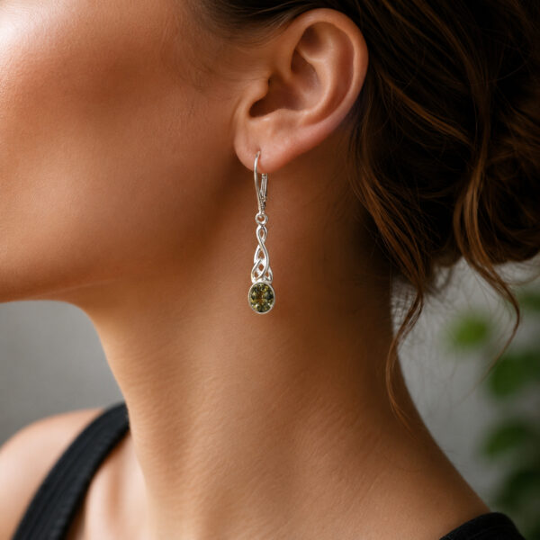 Celtic Knot Silver Earrings Green Baltic Amber | Long Teardrop Small Stone Irish Gemstone Jewellery Gift Women