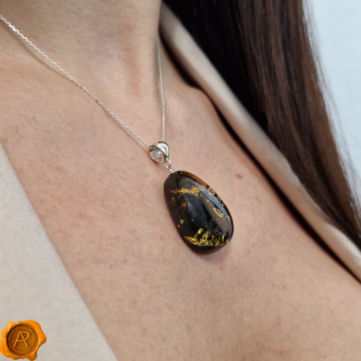 Green Amber Teardrop Pendant - Image 2