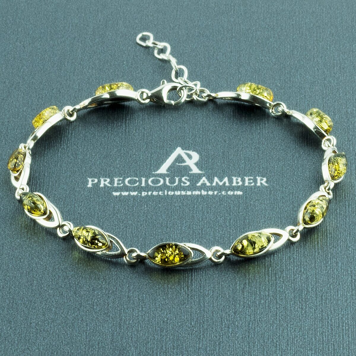 Stunning Green Baltic Amber Silver Linked Bracelet Green Amber Silver Bracelet - Image 1