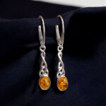 Celtic Natural Baltic Amber Sterling Silver Long Large Earrings Women, Trinity Knot Gemstone Teardrop Dangle Drop Irish Jewellery Gifts