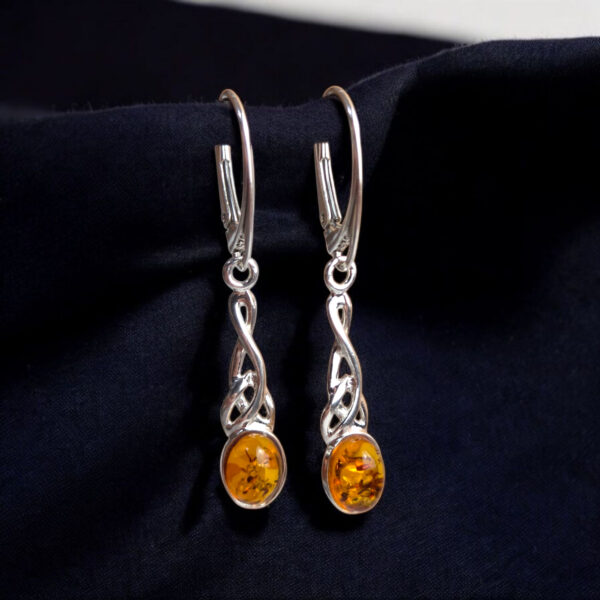 Celtic Natural Baltic Amber Sterling Silver Long Large Earrings Women, Trinity Knot Gemstone Teardrop Dangle Drop Irish Jewellery Gifts