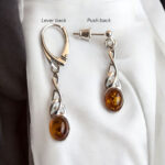Celtic Natural Baltic Amber Sterling Silver Long Large Earrings Women, Trinity Knot Gemstone Teardrop Dangle Drop Irish Jewellery Gifts