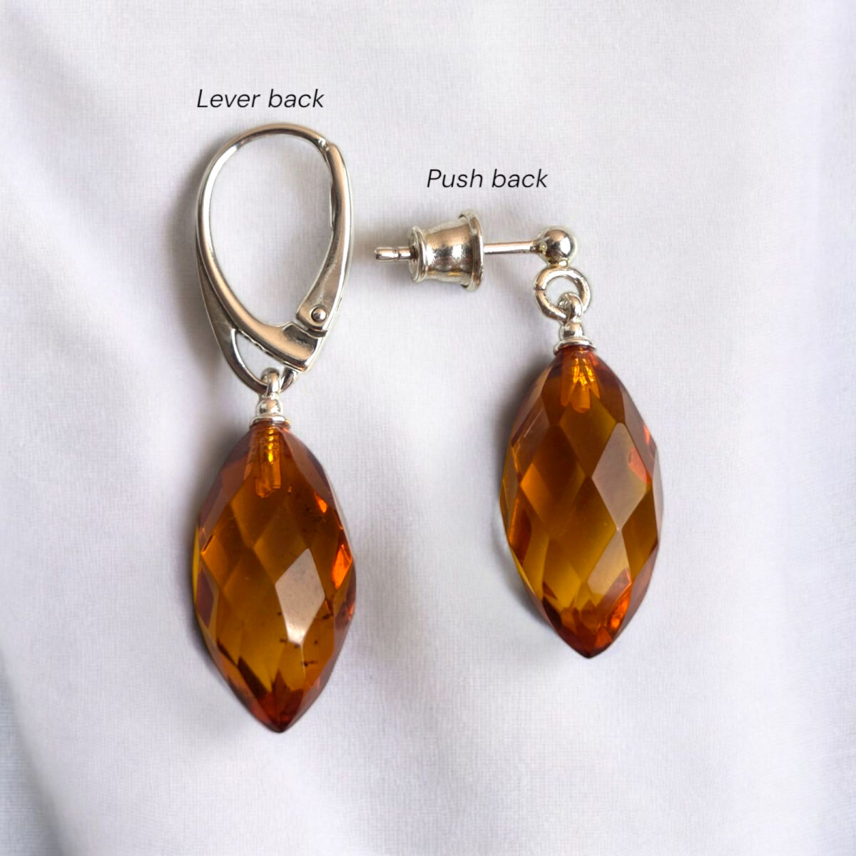 Faceted-Gemstone-Natural-Honey-Baltic-Amber-Short-Drop-Teardrop-Earrings-Lever-Back-Sterling-Silver Luxurious Natural Baltic Amber Earrings Silver, Faceted Teardrop Small Large Gemstone Honey Drop Classic Real Amber Jewellery Gift Women