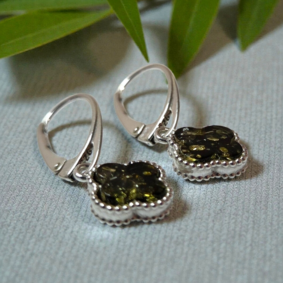 Four Leaf Clover Green Amber Earrings - Image 2