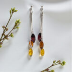 Long Natural Baltic Amber Earrings Silver | Small Dainty Multicolour Drop Teardrop Gemstone Swing Crystal Stone Earrings Women