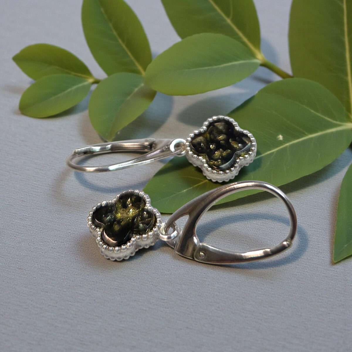 Four Leaf Clover Luck Green Baltic Amber Silver Dainty Drop Teardrop Earrings, Small Tiny Green Stone Irish Jewellery