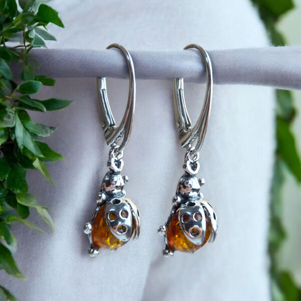 Ladybug Honey Baltic Amber Silver, Small Ladybird Earrings, Large Long Natural Amber Teardrop Drop Earrings Gemstone Summer Jewellery Gift