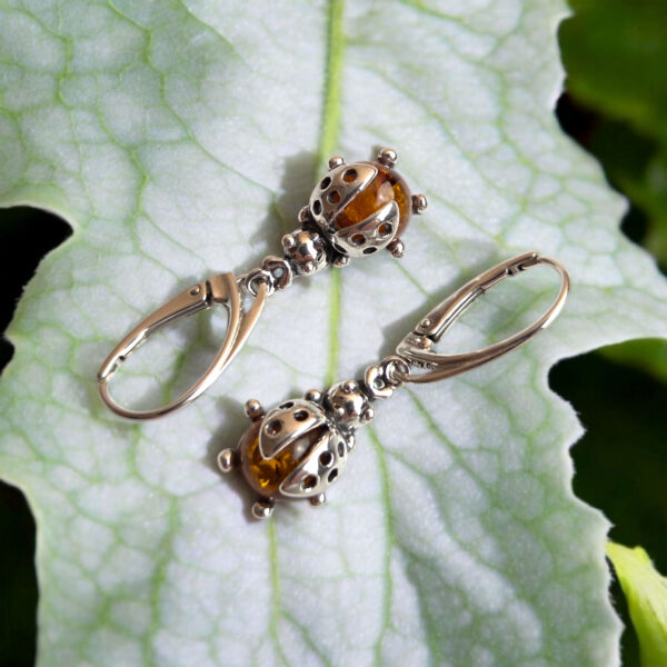 Ladybug Honey Baltic Amber Silver, Small Ladybird Earrings, Large Long Natural Amber Teardrop Drop Earrings Gemstone Summer Jewellery Gift
