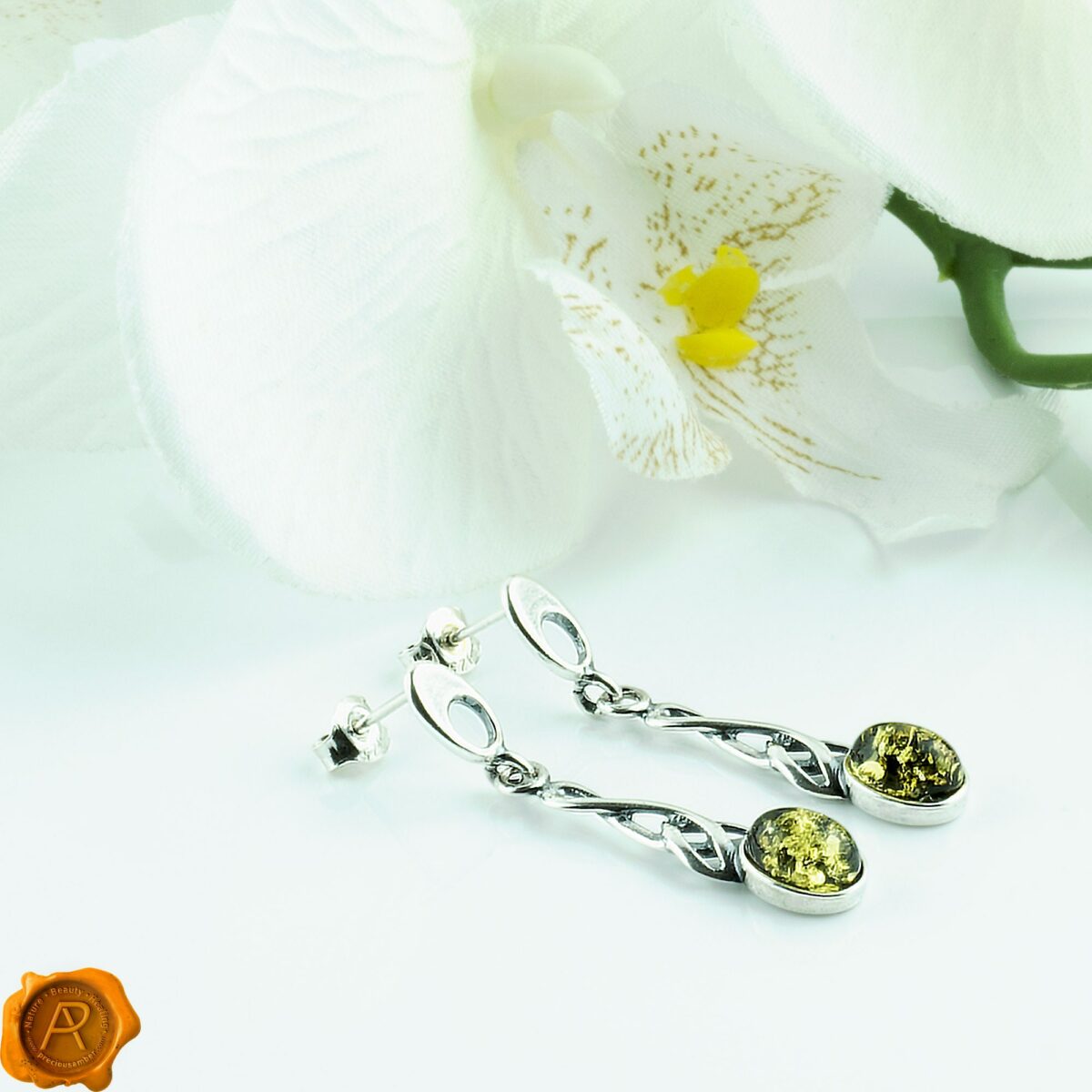 Celtic Green Amber Earrings - Image 3