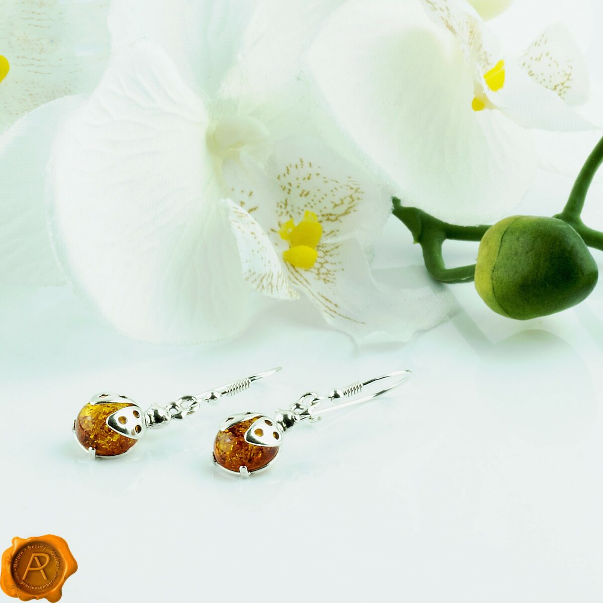 Cognac Amber Silver Ladybird Earrings Ladybird Honey Amber Silver Earrings - Image 5