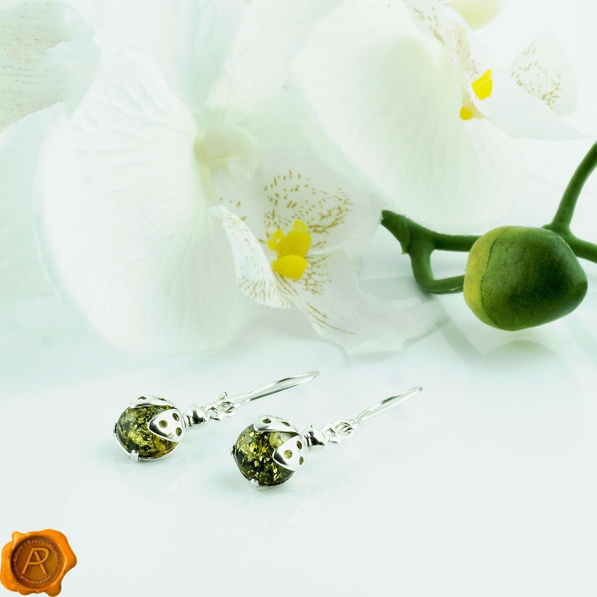 Ladybird Green Amber Earrings - Image 2