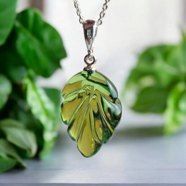 Green Caribbean Natural Amber Silver Teardrop Pendant Leaf Charm, Small Sterling Silver Drop Gemstone Necklace Large Green Stone Teardrop