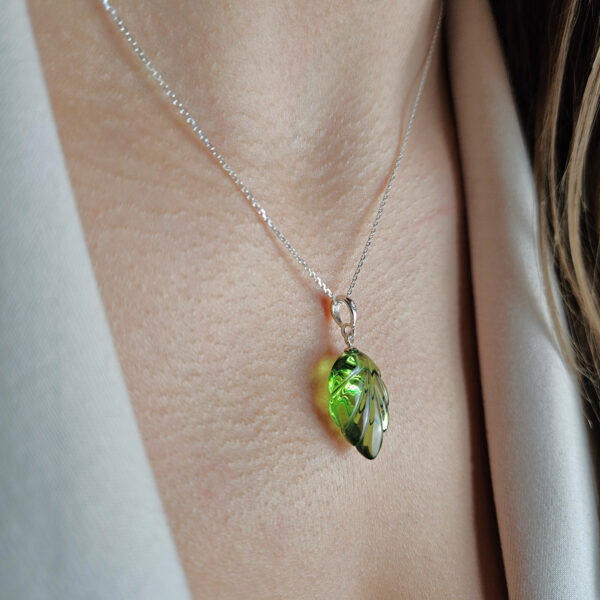 Green Caribbean Natural Amber Silver Teardrop Pendant Leaf Charm, Small Sterling Silver Drop Gemstone Necklace Large Green Stone Teardrop
