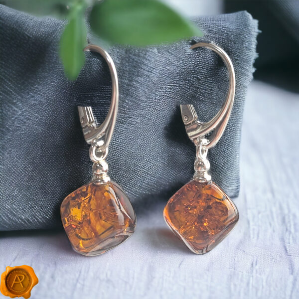 Gemstone Cube Dice Baltic Amber Sterling Silver Small Teardrop Earrings Gift Women, Geometric Drop Short Dangle Natural Amber Jewelry