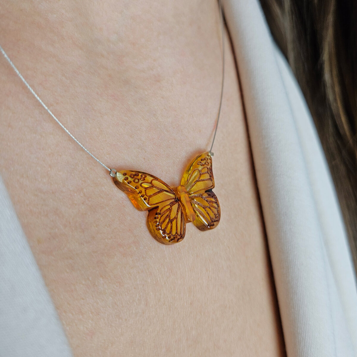 Carved Amber Butterfly Pendant Necklace - Image 2