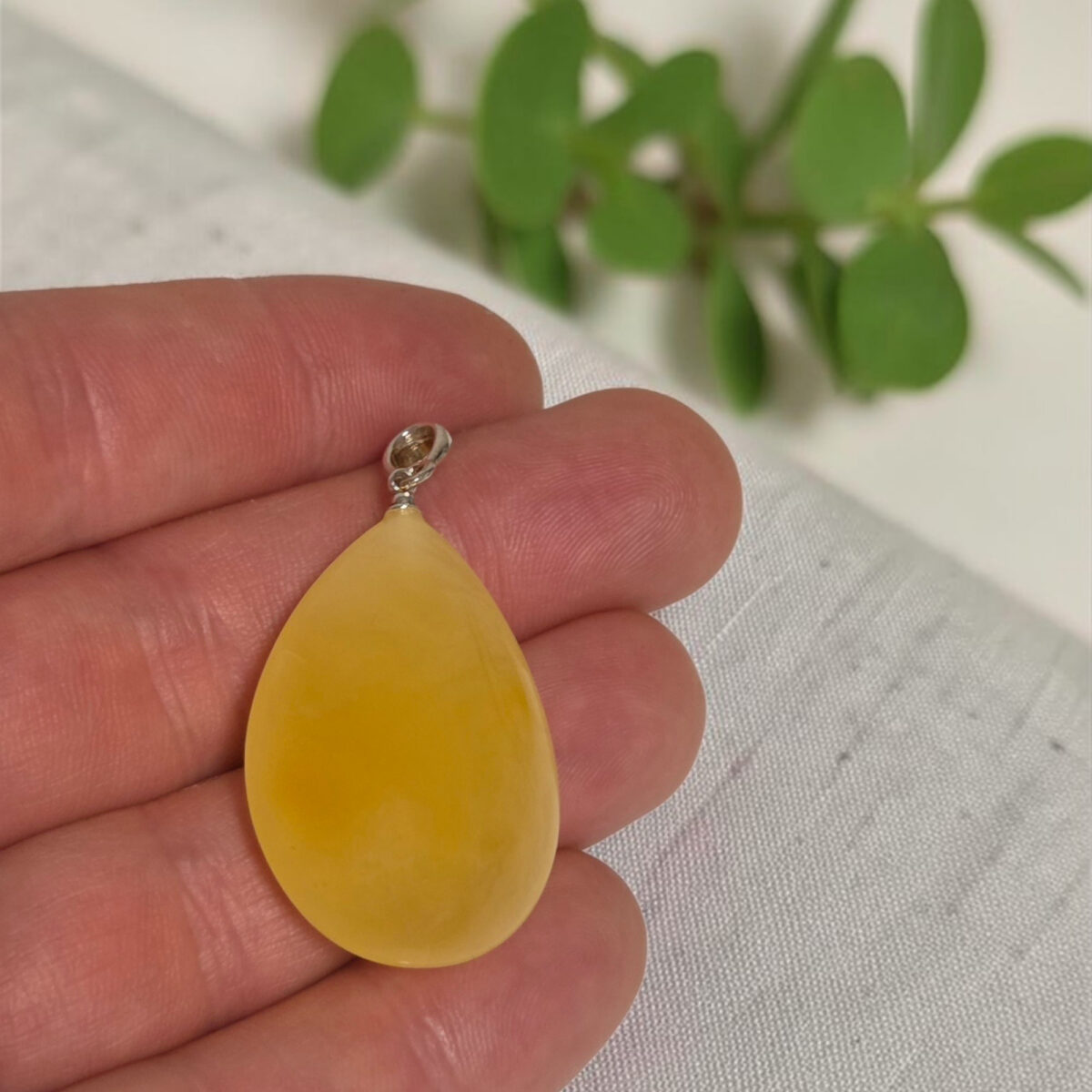 LARGE Yellow Baltic Amber Silver Teardrop Gemstone Drop Pendant | Chunky Natural Butterscotch White Flat Amber Stone