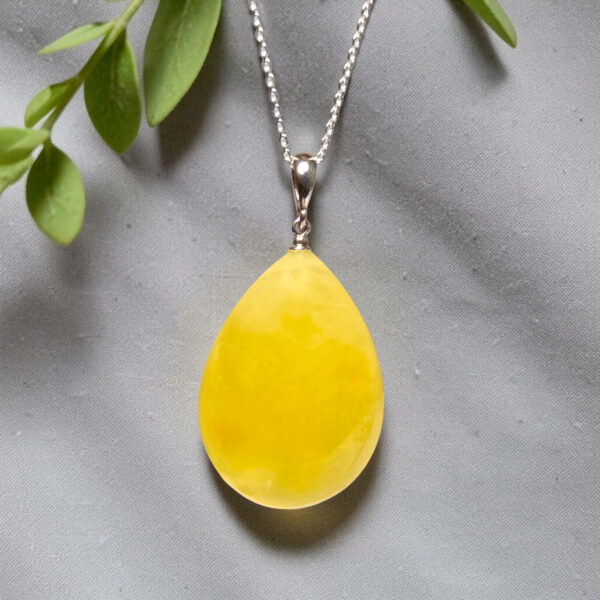 LARGE Yellow Baltic Amber Silver Teardrop Gemstone Drop Pendant | Chunky Natural Butterscotch Amber Stone