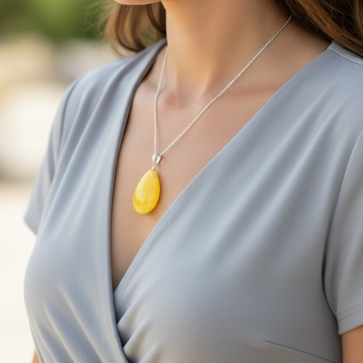 LARGE Yellow Baltic Amber Silver Teardrop Gemstone Drop Pendant | Chunky Natural Butterscotch Amber Jewellery
