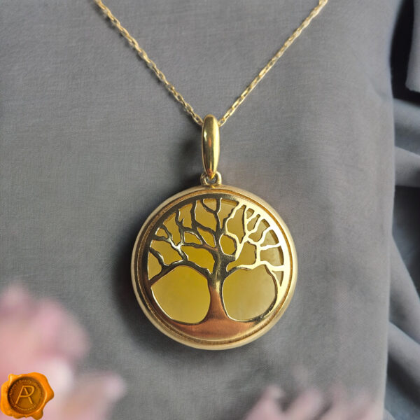 Tree of Life Natural Baltic Amber Gold Gemstone Drop Pendant Necklace Irish Gift, Large Tree Jewelry Teardrop Silver Charm, Tree Lover Art