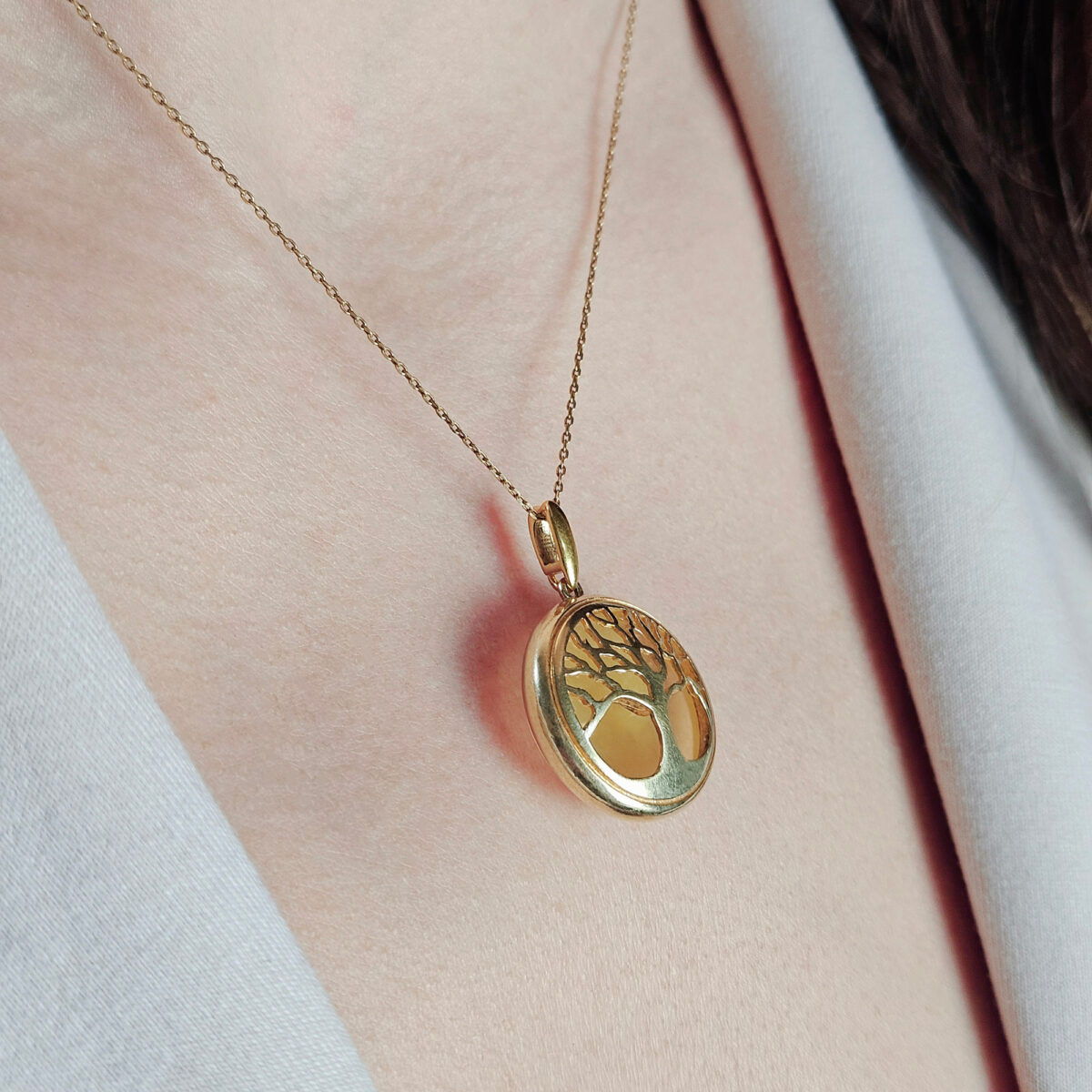 Tree of Life Natural Baltic Amber Gold Gemstone Drop Pendant Necklace Irish Gift, Large Tree Jewelry Teardrop Silver Charm, Tree Lover Art