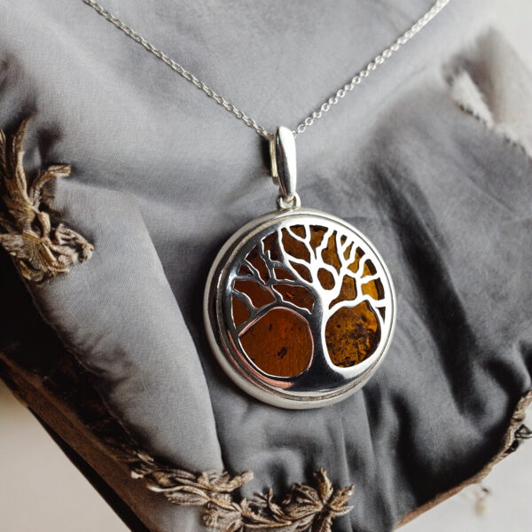 Tree of Life Natural Baltic Amber Silver Gemstone Drop Pendant Necklace Irish Gift, Large Tree Jewelry Teardrop Gold Charm, Tree Lover Art