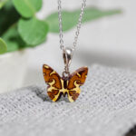 Honey Baltic Amber Butterfly Pendant Necklace Silver, Small Dainty Gemstone Butterfly Jewellery Charm