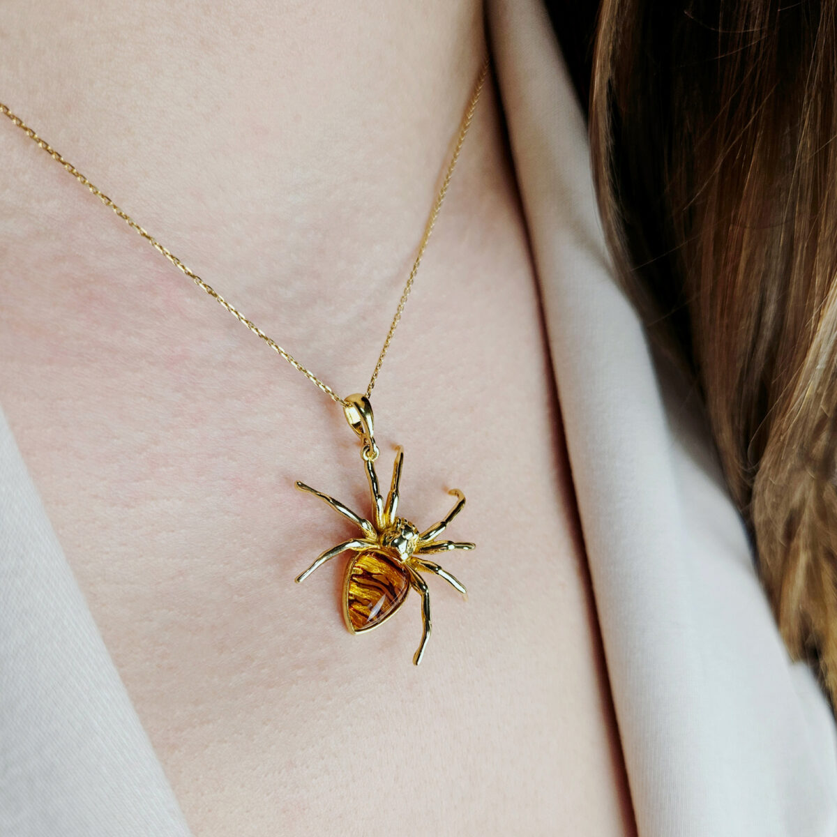 UNISEX Large Gold Silver Spider Baltic Amber Gemstone Pendant Necklace Spiders Gift Amber Spider Lover Arachnophile Jewelry Men Women