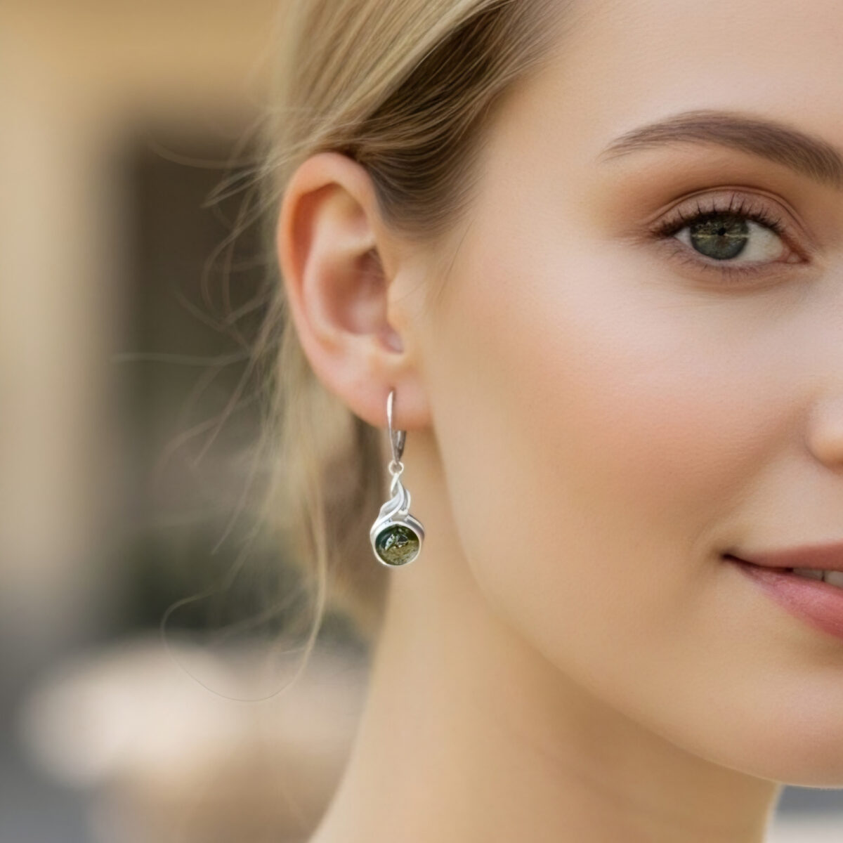 Natural Green Baltic Amber Silver Dainty Drop Teardrop Gemstone Earrings for Women, Small Vintage Real Amber Jewellery