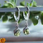 Green Amber Drop Silver Earrings - Image 2