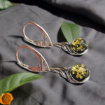 Green Amber Drop Silver Earrings - Image 4