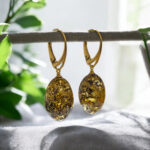 Natural Green Baltic Amber Gold Silver Earrings Drop, Small Large Gemstone Olive Teardrop Green Stone Earthy Jewellery