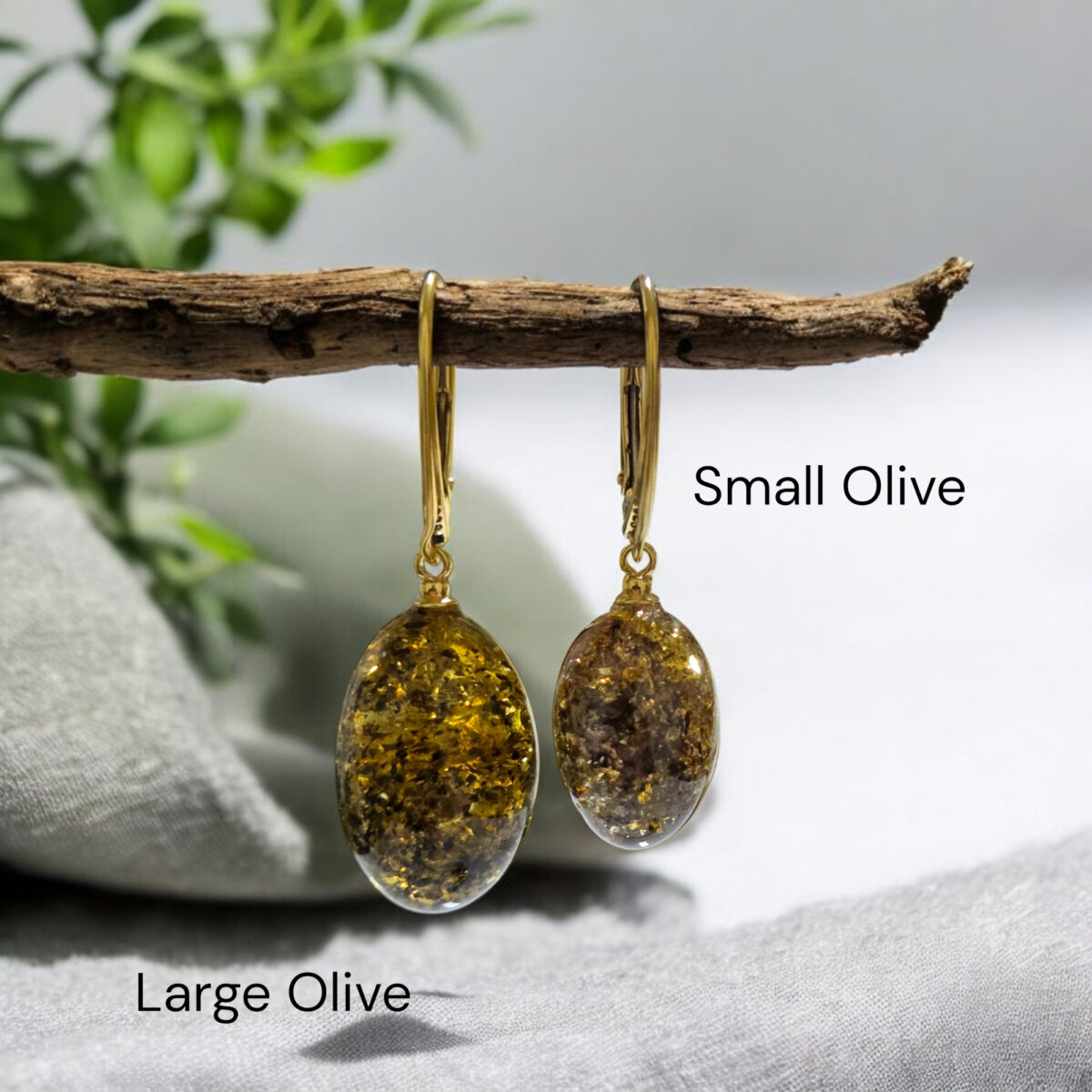 Natural Green Baltic Amber Gold Silver Earrings Drop, Small Large Gemstone Olive Teardrop Green Stone Earthy Jewellery