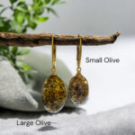 Natural Green Baltic Amber Gold Silver Earrings Drop, Small Large Gemstone Olive Teardrop Green Stone Earthy Jewellery