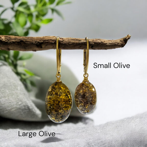 Natural Green Baltic Amber Gold Silver Earrings Drop, Small Large Gemstone Olive Teardrop Green Stone Earthy Jewellery