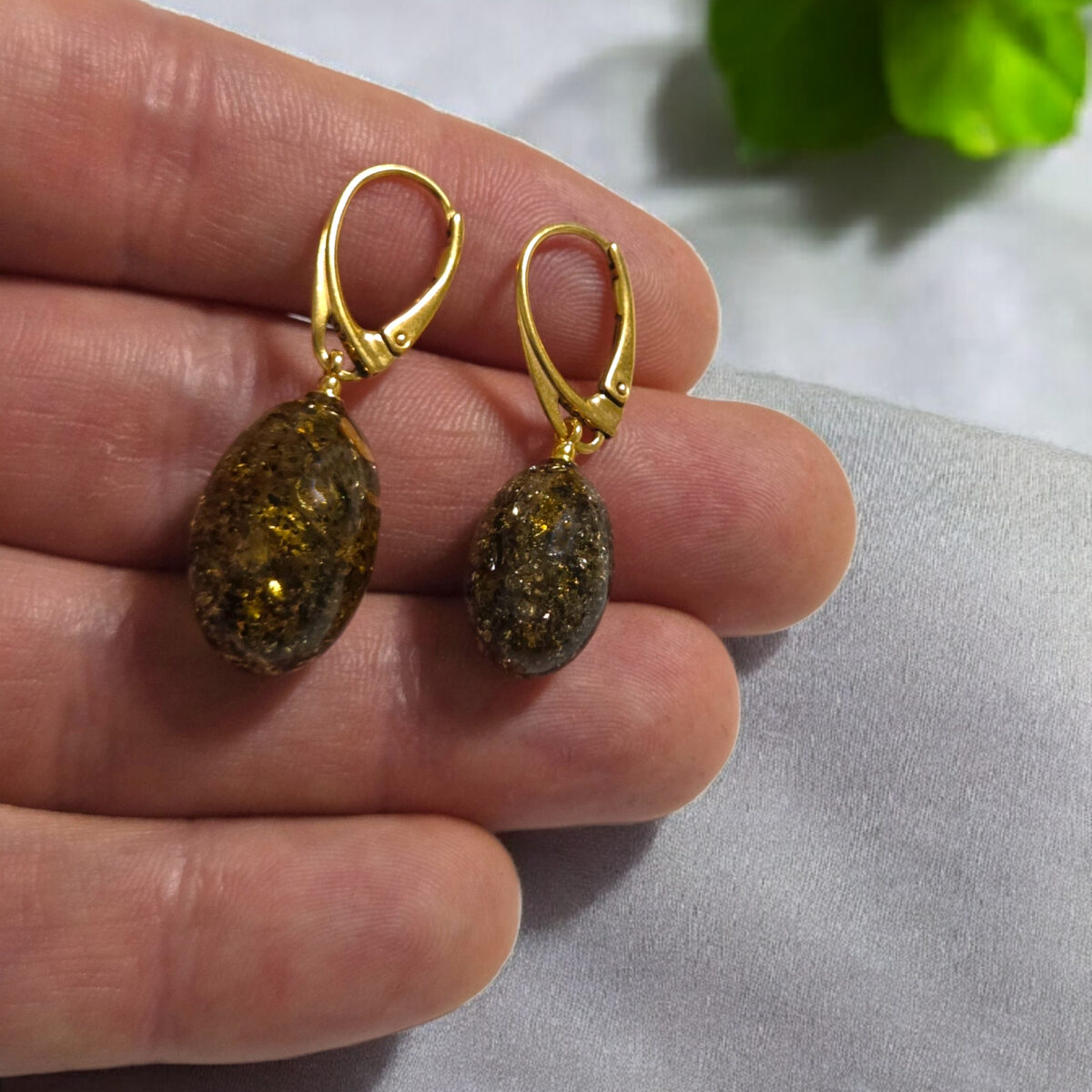 Green Amber Olive Gold Earrings - Image 3
