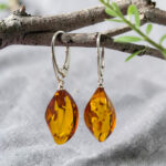 Natural Honey Baltic Amber Silver Drop Earrings Women, Large Teardrop Short Drop Dangle Gemstone Jewellery