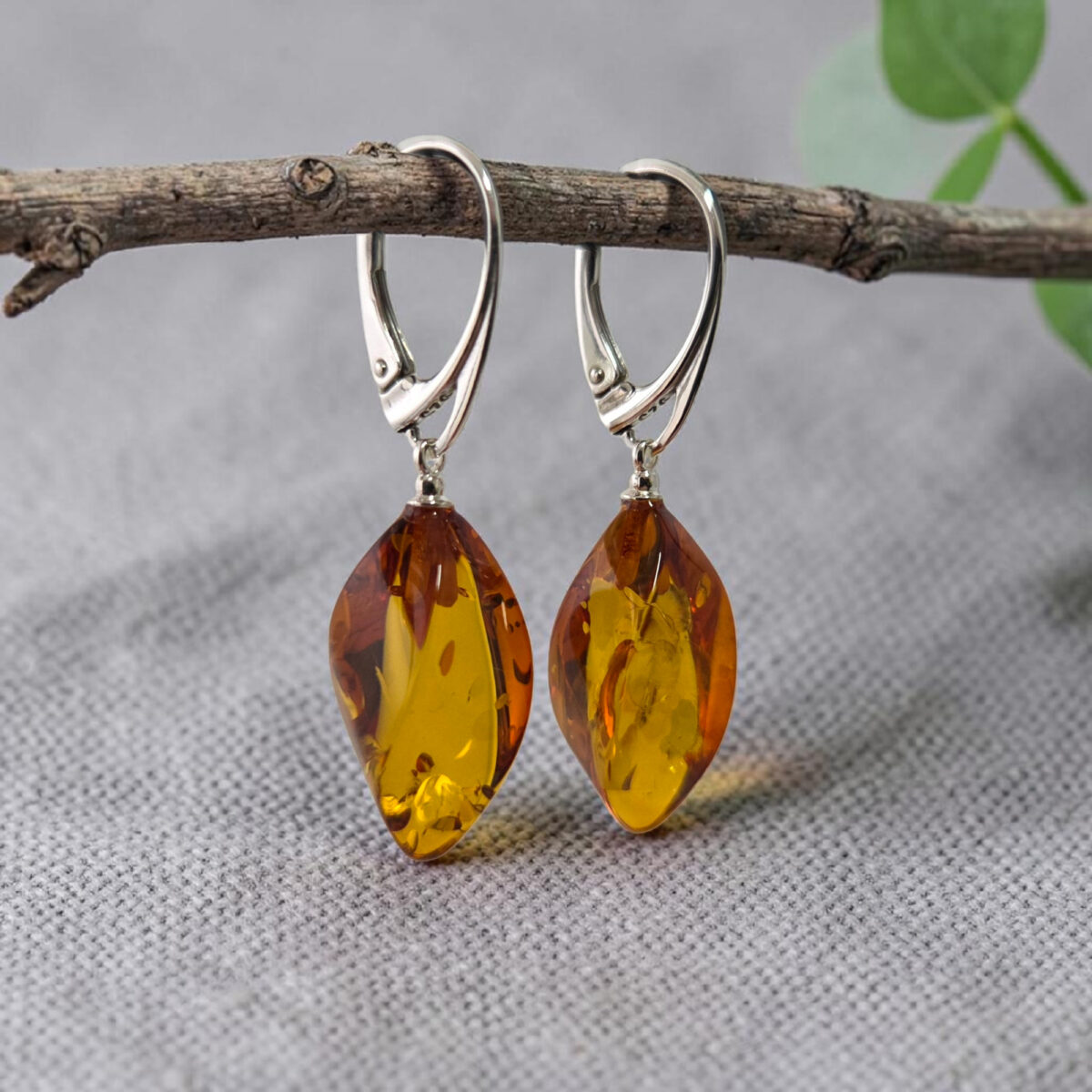Amber Silver Teardrop Earrings "Wave" - Image 2